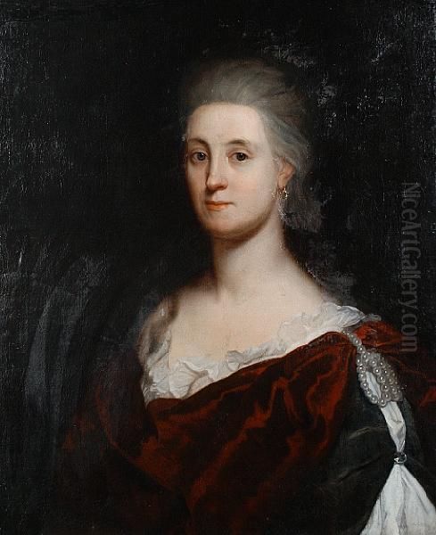 Portrait Of A Lady, Half-length,
 With A Red And Green Mantel, A White Chemise And A Pearl Clasp Oil Painting by Godfried Schalcken