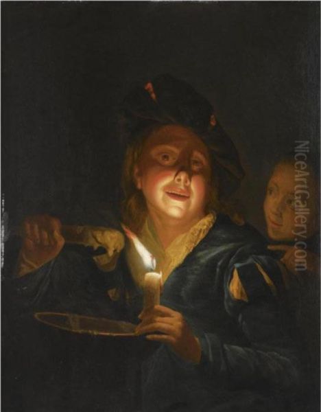 A Young Boy Lighting A Candle Oil Painting by Godfried Schalcken