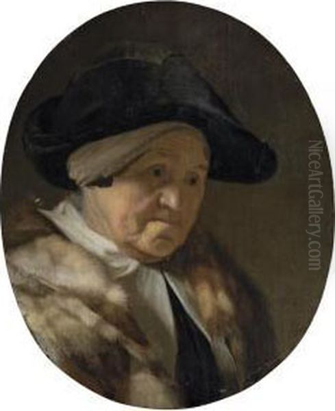 Portrait Of A Lady, Bust-length, In A Black Hat And A Furmantle Oil Painting by Godfried Schalcken