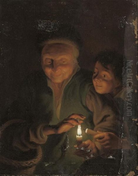 An Old Woman And A Young Boy Lighting Candles Oil Painting by Godfried Schalcken