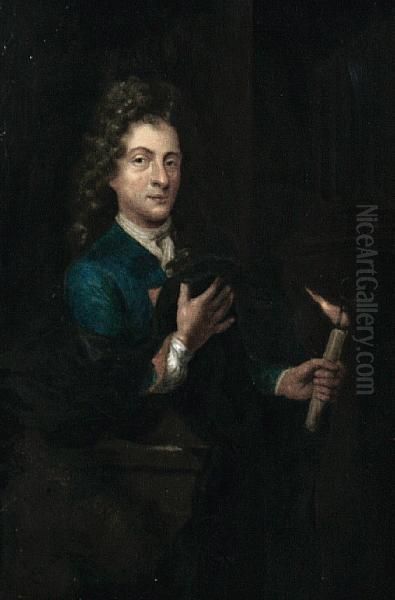 A Self-portrait Of The Artist Holding Acandlestick Oil Painting by Godfried Schalcken