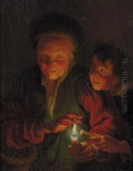 Alte Frau Und Ein Knabe Mit Brennender Kerze Oil Painting by Godfried Schalcken