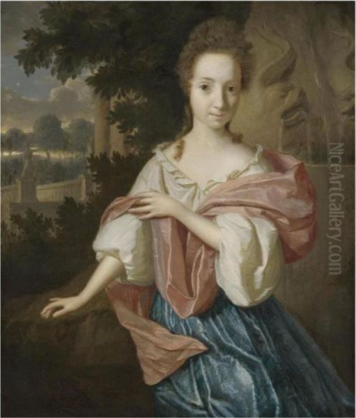 Portrait Of A Lady, Three 
Quarter Length, Wearing A White Chemisette, A Blue Skirt And A Red 
Shawl, A Landscape And Fountain Beyond Oil Painting by Godfried Schalcken