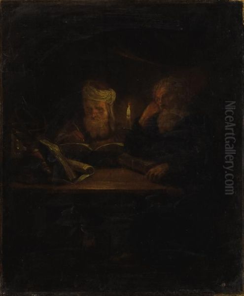 Two Scholars By Candlelight Oil Painting by Godfried Schalcken