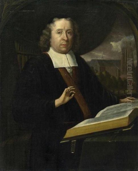 Portrait Eines Gelehrten Mit Buch, Im Hintergrund Die Groote Kerk Von Dordrecht. Oil Painting by Godfried Schalcken