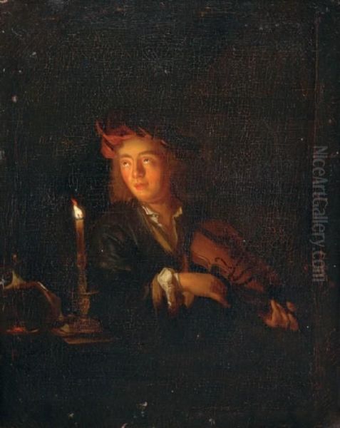 Tillskriven. Violinist Vid Stearinljus. Duk, Dubblerad, 42x33 Oil Painting by Godfried Schalcken