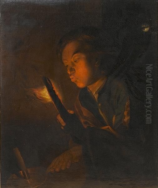 A Boy Blowing On The Embers Of A Piece Of Wood And Holding A Candle Oil Painting by Godfried Schalcken