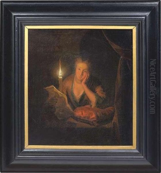 A Young Woman Reading A Letter By Candlelight. Inscibed Oil Painting by Godfried Schalcken