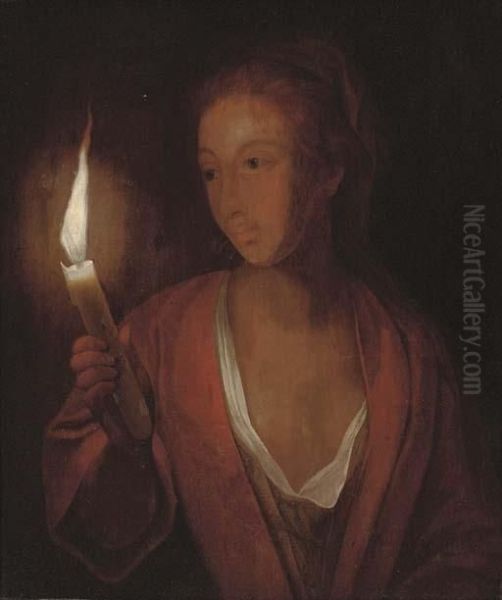 A Lady Holding A Candle Oil Painting by Godfried Schalcken