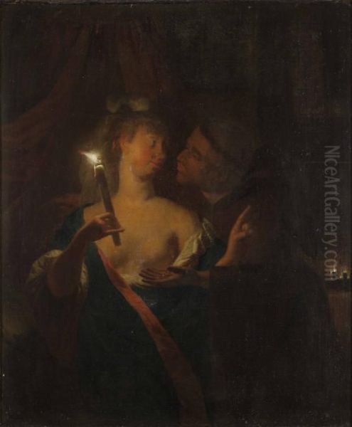 Figurer I Skenet Av Levande Ljus. Uppfodrad Duk 53 X 44 Cm Oil Painting by Godfried Schalcken