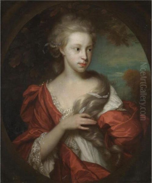 Portrait Of A Girl, Half Length, Turned To The Right, Wearing A Red Shawl by Godfried Schalcken