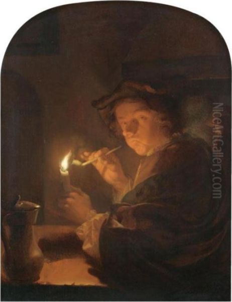 A Nocturnal Interior With A Toper Oil Painting by Godfried Schalcken