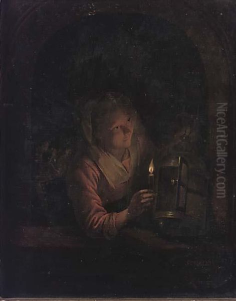 A Girl At A Window Oil Painting by Godfried Schalcken