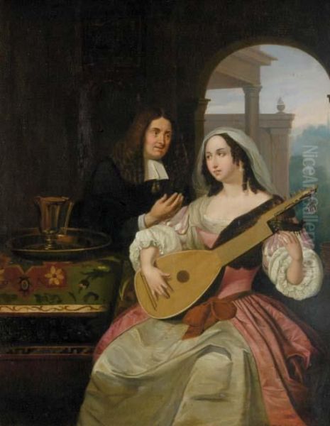 Suitor With Girl Playing The Lute Oil Painting by Godfried Schalcken