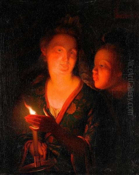 Tva Kvinnor I Eldsljus Oil Painting by Godfried Schalcken