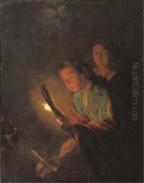 A Young Man Blowing His Torch To Light A Candle Oil Painting by Godfried Schalcken