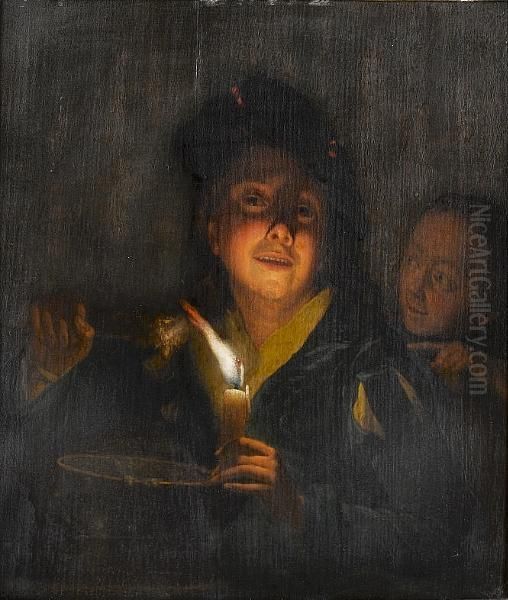 A Young Man Eating By Candlelight, A Young Woman Looking Over His Shoulder Oil Painting by Godfried Schalcken