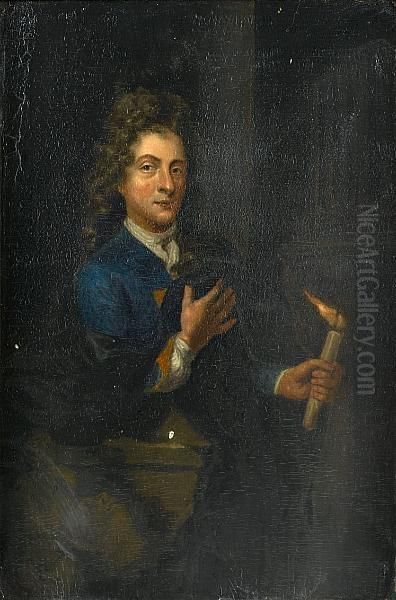 A Self-portrait Of The Artist Holding A Candle Oil Painting by Godfried Schalcken