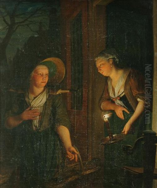 Candlelit Scene With Two Women Within An Interior Oil Painting by Godfried Schalcken