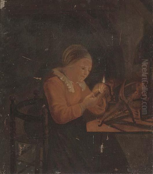 A Lady Sewing By Candlelight Oil Painting by Godfried Schalcken