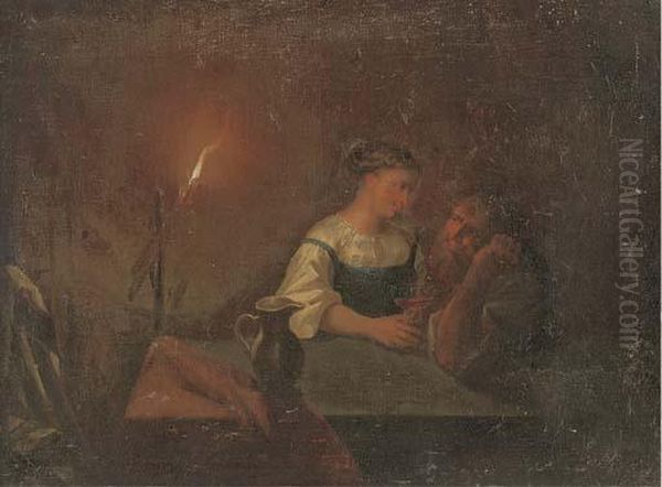 A Couple Drinking In An Interior By Candlelight Oil Painting by Godfried Schalcken