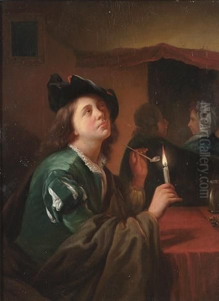 A Young Man Smoking By Candlelight In A Tavern Interior Oil Painting by Godfried Schalcken