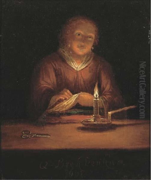 A Lady Sewing By Candlelight Oil Painting by Godfried Schalcken