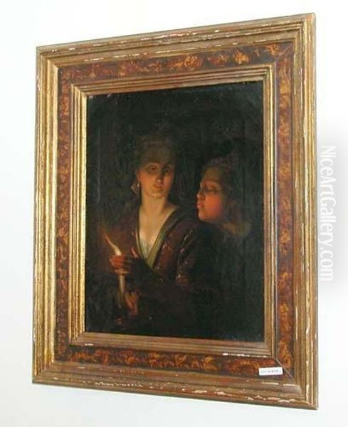 Zwei Figuren Im Kerzenschein. Oil Painting by Godfried Schalcken