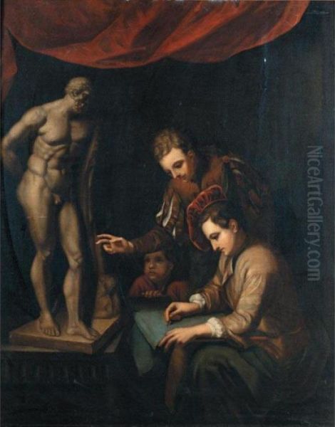 Interior With Young Artists 
Recieving Instruction While Sketching From A Model Of The Farnese 
Hercules Oil Painting by Godfried Schalcken