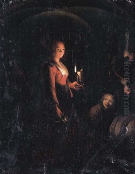 A Serving Maid And A Boy By Candlelight Oil Painting by Godfried Schalcken