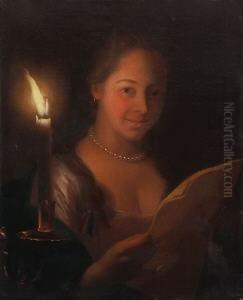 Junges Frau Bei Der Lekture Eines Briefes Im Kerzenschein. Oil Painting by Godfried Schalcken