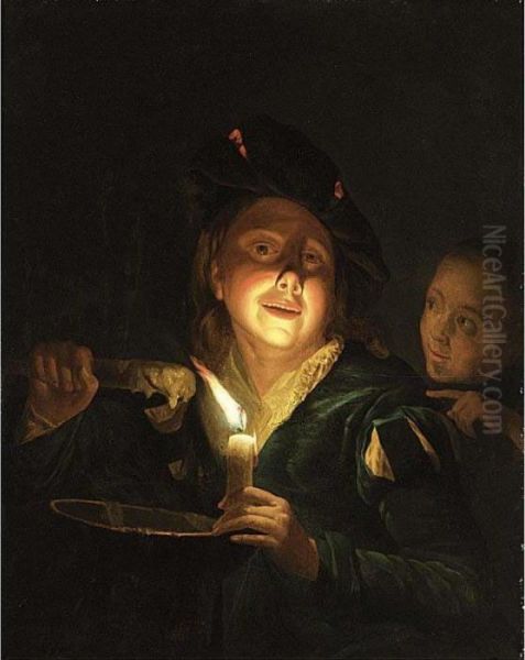 A Young Man Lighting A Candle, A Girl In The Background Oil Painting by Godfried Schalcken