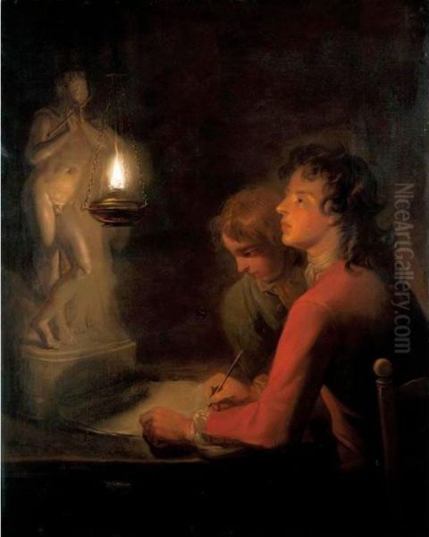 The Drawing Lesson: A 
Candlelight Study Of Two Boys, One Drawing A Statue Of A Boy Playing A 
Flute Oil Painting by Godfried Schalcken