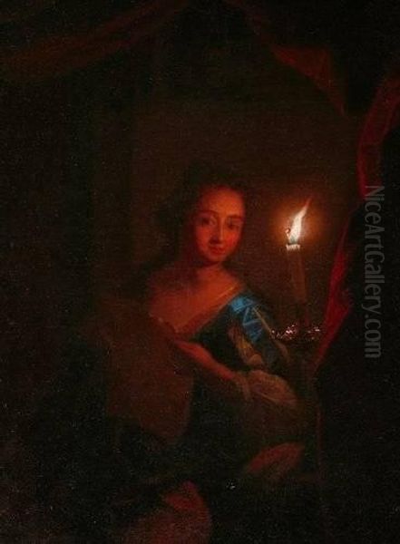 Woman Reading A Letter By Candlelight Oil Painting by Godfried Schalcken