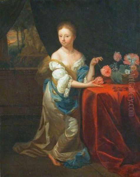 Woman With Flowers By A Window Oil Painting by Godfried Schalcken