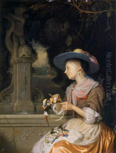 A Woman Weaving A Crown Of Flowers Oil Painting by Godfried Schalcken