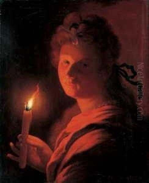 Junge Frau Mit Brennender Kerze. Oil Painting by Godfried Schalcken