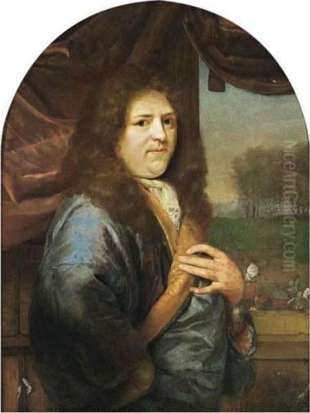 A Portrait Of A Gentleman, 
Standing Half-length, Wearing A Blue Orange-lined Satin Overcoat With 
White Lace Chemise, In Front Of A Stone Balustrade With A Curtain, A 
Park Landscape Beyond Oil Painting by Godfried Schalcken