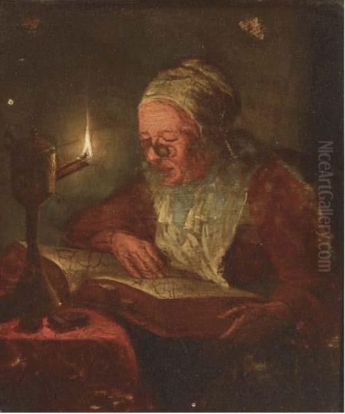 A Woman Reading By Candlelight Oil Painting by Godfried Schalcken