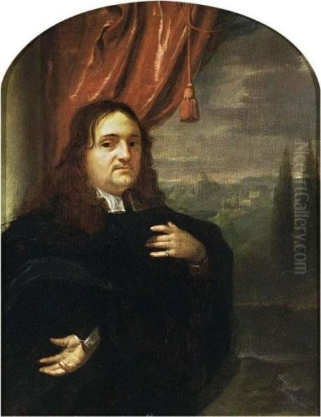 A Portrait Of Matthijs Pompe, 
Heer Van Slingelandt (1621-1679), Standing Half Length, Wearing A Black 
Cloak With White Collar And Sleeves Oil Painting by Godfried Schalcken