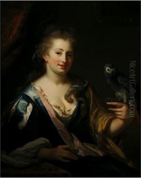 Portrait Of A Lady, Half-length 
Seated, Wearing A Dressing-gown And A Wig, Feeding A Parrot Oil Painting by Godfried Schalcken