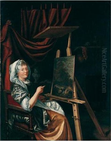 Portrait Of Maria Schalcken In An Artist's Studio Oil Painting by Godfried Schalcken