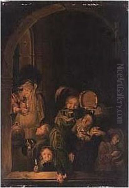 Children Merrymaking With The Rommelpot At St.nicolaas Oil Painting by Godfried Schalcken