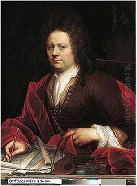 Portrait Of An Artist, 
Half-length Seated, Holding A Pencil, With His Painting Accoutrement Oil Painting by Godfried Schalcken