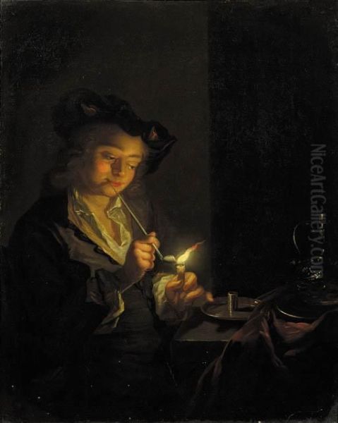 A Youth Seated By A Table Lighting A Pipe With A Candle Oil Painting by Godfried Schalcken