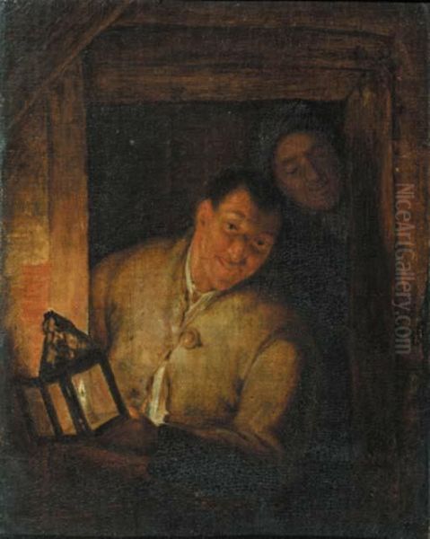 Boors At A Window By Candlelight Oil Painting by Godfried Schalcken