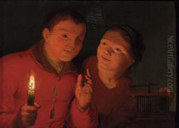 Children Watching A Birdcage By Candlelight Oil Painting by Godfried Schalcken