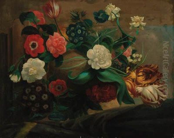 Parrot Tulips, Anemonies, 
Narcissae, Convulvulae, Auriculars,rosebuds And Other Flowers In An Urn 
On A Stone Ledge Oil Painting by Godfried Schalcken