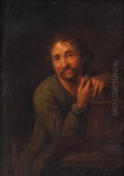 A Bearded Man With A Pipe, Leaning On A Wooden Pail Oil Painting by Godfried Schalcken