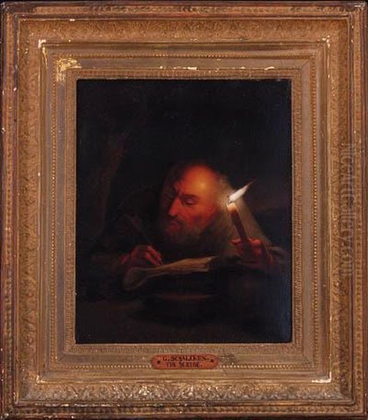 A Scribe Working By Candlelight Oil Painting by Godfried Schalcken